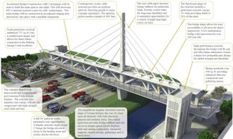 Slik skulle brua ha sett ut. Men da kollapsen skjedde, hadde entreprenøren bare rukket å løfte på plass den delen av brudekket som går over veien. Illustrasjon:  MCM+FIGG Design-Build Team