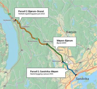 Bjørum-Skaret er siste parsellen som settes i bygging på E16 mellom Sandvika og Skaret. Ill: Statens vegvesen