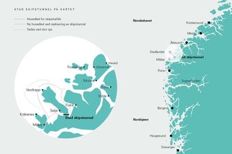 Slik ser Kystverket for seg seilingsmulighetene etter åpningen av Stad skipstunnel. Illustrasjon: Interessegruppa Stad Skipstunnel