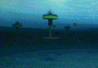 Dersom testen av pilotanlegget viser gode resultater foreslår Hans Knutsen og selskapet, Seamotion Energy, at bølgekraftverk bygges i klynger hvor fortøyningsbøyer og sugeankre kan være felles for flere kraftverk. Illustrasjon:  Seamotion Energy