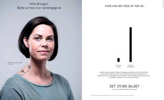 «Det store bildet» har en plakat som viser noe av utfordringen vi møter. En søyle viser den totale produksjonen av fornybar energi, den andre den totale energibruken i verden, skriver Alis Tefre. Skjermbilde: A-magasinet