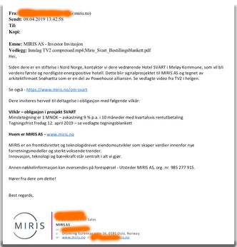 Mail som ble sendt til Universitet i Nord om mulighet til å investere i Svart.