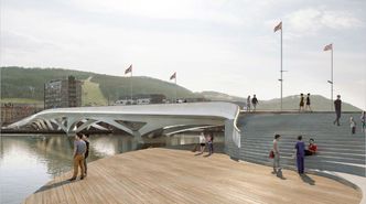 Den nye bybrua blir et landemerke i Drammen. Illustrasjon:   Saaha + DOF + KnightT Arcitects + A splan Viak