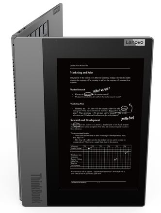 Lenovo Thinkbook Plus har e-ink-skjerm på utsiden, og en vanlig skjerm på innsiden. Foto: Lenovo