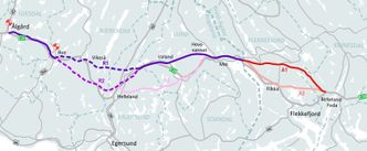 Traseene A1 og R1, er de anbefalte E39-traseene vest for Fedafjorden. Ill: Nye Veier