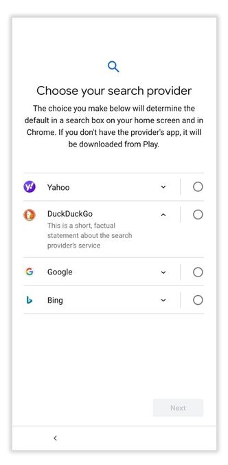 Omtrent slik vil valgskjermen for standard søkemotor i Android se ut. Skjermbilde: Google