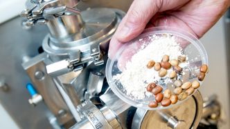 Råstoffet til Nofimas kjøtterstatning er åkerbønner. Disse blir malt og så silt. Resultatet blir et hvitt pulver, nærmest som mel, i to kvaliteter. Ett med hovedsakelig protein og et annet som består av stivelse. Foto:  Sverre Chr. Jarild