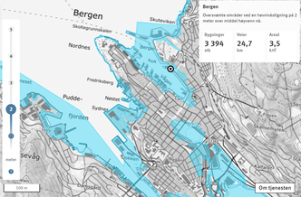 Visualisering fra Kartverket om stormflo og fremtidig havnivå Skjermbilde: Kartverket