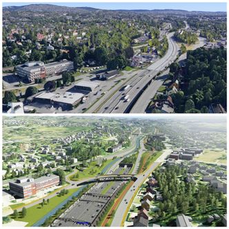 Ramstadsletta slik det ser ut i dag (øverst), og slik Vegvesenet ser det for seg når den nye E18 ut av Oslo står ferdig. Kollasj: Google Maps/ Statens vegvesen/Veier24
