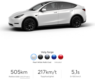 Model Y med lengre oppgitt rekkevidde. Foto:  Skjermdump