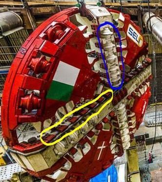 Den blå ringen viser skjæreskivene, mens den gule viser skjæretennene. Foto:  Metroselskabet