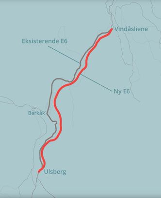 E6 Ulsberg - Vindåsliene i Trøndelag blir en nye firefelts strekning på 25 km. Foto: Nye Veier
