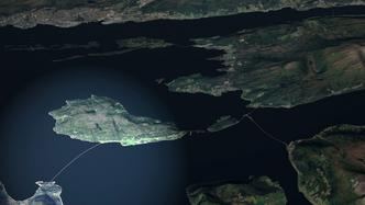 Oppfinneren mener teknologien hans kan gjøre det lettere å lage en tre kilometer lang flytebro fra øya Sekken og over til fastlandet. Illustrasjon: Romsdalsaksen AS