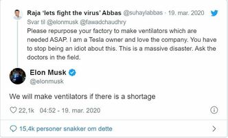 Tesla-gründeren mener selskapet vil kunne bidra med produksjon av respiratorer dersom det blir behov for det. Skjermbilde: Twitter