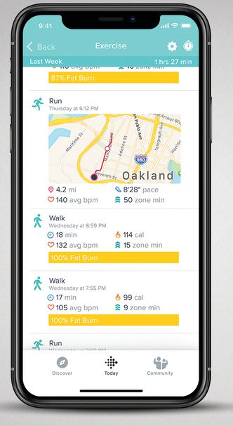 Kart: Kartet kan vise hvor du mosjonerte og i hvilken pulssone du lå i. Foto: Fitbit