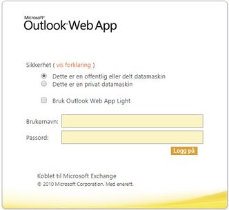 Outlook Web App tilbudt på server med Exchange 2010, versjonsnummer 14.3.439.0. Denne er sårbar. Tilhører norsk selskap. Skjermbilde: digi.no