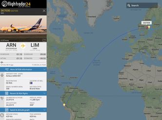 Dette SAS-flyet foretok den lengste non stop-reisen i selskapets historie, mellom Stockholm og Lima. Skjermbilde: Flightradar24