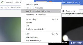 Faner kan organiseres i grupper i kommende versjoner av Chrome. Dette gjøres fra kontekstmenyen. Skjermbilde: digi.no