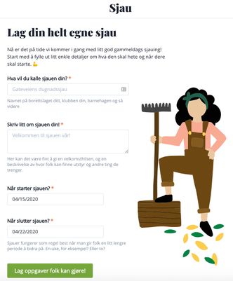 Du kan opprette så mange dugnader – «sjauer» – du vil, og fordele arbeidet utover en gitt periode.