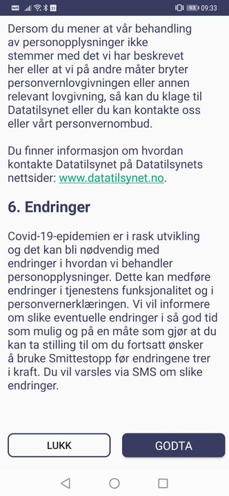 Personvernerklæringen i Smittestopp-appen til Folkehelseinstituttet er omfattende, og brukerne må rulle helt til bunns for å godta den. Skjermbilde: digi.no