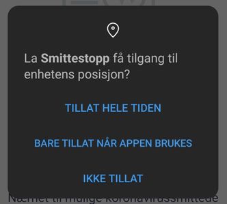 Smittestopp-appen ber om tilgang til enheten posisjon. Ønsker man full effekt av appen, er nok den øverste valgmuligheten den riktige. Skjermbilde: digi.no