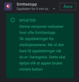 Nyheten i versjon 1.0.4 av Smittestopp-appen er redusert strømforbruk. Skjermbilde: digi.no