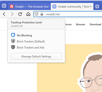 Brukerne av Vivaldi 3.0 og nyere kan for hvert nettsted velge om sporing og eventuelt også annonser skal blokkeres. Skjermbilde: Vivaldi Technologies