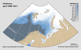 April har vært brukt som fast maksimumsgrense fordi det historisk sett har vært måneden med størst isutbredelse. Illustrasjon:  Polarinstituttet