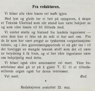 Helt til slutt i den første utgaven etter 2. verdenskrig, hilser redaktør Arne Solem leserne og annonsørene. Faksimile:  Teknisk Ukeblad 1945