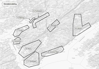 Kart over de ni områdene med de 24 brøyterodene i Indre Fosen kommune. Illustrasjon: Indre Fosen kommune