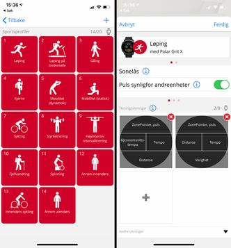 Du kan endre hvilke sportsprofiler som skal dukke opp på klokken. For hver profil kan du definere skjermbildene du kan velge blant under treningsøkten.
