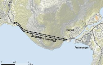 Seimsdalstunnelen går vestover fra Årdalstangen. Illustrasjon: Vestland fylkeskommune