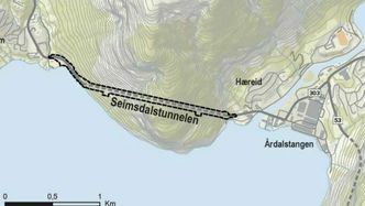 Tunnelen går vestover fra Årdalstangen. Illustrasjon: Vestland fylkeskommune