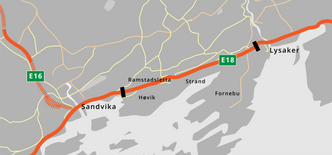 Første etappe, som diskuteres nå, er på ca. 4 km fra Lysaker i Oslo til Ramstadsletta i Bærum. En stor del av strekket skal legges under bakken, med ny lokal vei over bakken. Illustrasjon: Kjersti Magnussen/ Teknisk Ukeblad