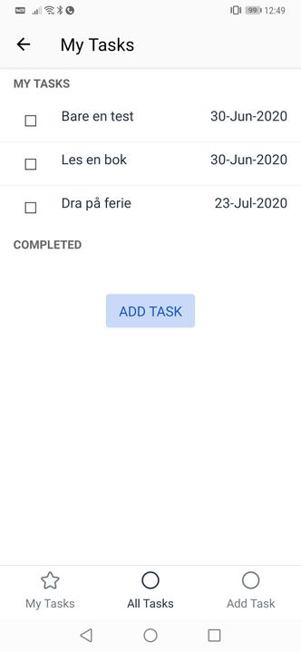 Her har vi lagd en veldig enkel oppgaveliste-app, i stor grad basert på en mal som allerede tilbys i Honeycode. Den kjøres her i Honeycode-appen på en Android-mobil. Skjermbilde: Digi.no
