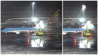 Bildet til venstre er fra samme sekund som B787-9-flyet kolliderer med lysmasta. På bildet til høyre ser man resultatet. Foto: Avinor/SHT