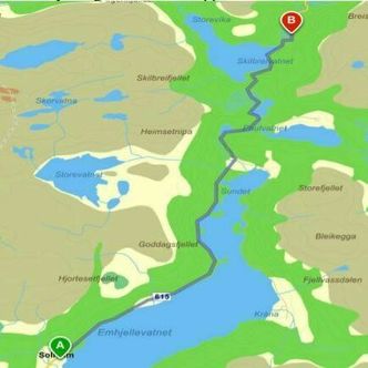 Kart over strekningen hvor utbedringene skal skje. Eimhjellevatnet ligger sørvest for Hyen. Illustrasjon: Vestland fylkeskommune
