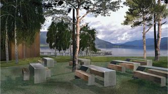 Og slik skal rasteplassen se ut utenom flomperiodene, når den er klar til bruk. Ill:  Fortunen Arkitektur