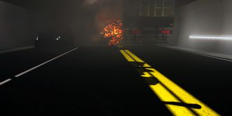 Forskere ved Sintef har undersøkt hvordan vi responderer på ulike sikkerhetstiltak ved brann i tunnel. Illustrasjonen er hentet fra VR-filmen som forsøkspersonene fikk se. Skjermbilde:  Sintef