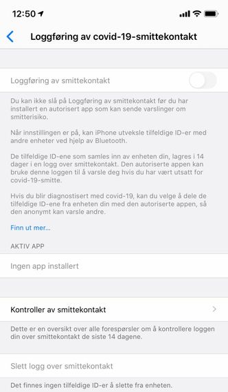 Slik ser innstillingene ut på en iPhone når teknologien ikke er skrudd på.