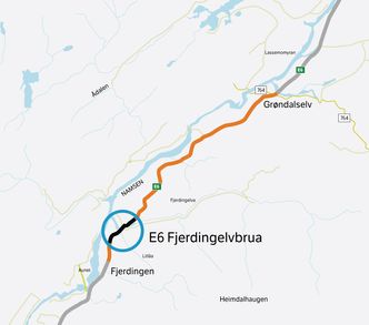 Kartet viser dagens E6 Fjerdingen-Grøndalselv (i oransje) og delparsellen E6 Fjerdingelvbrua. Illustrasjon: Statens vegvesen