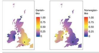 DNA-analysen viser at vikinger fra det vi i dag kaller henholdsvis Danmark og Norge, først og fremst herjet ved de britiske øyene. Illustrasjon: Nature