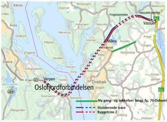 Kart over E134 på strekningen fra Vassum til Verpen. Illustrasjon:  Statens vegvesen