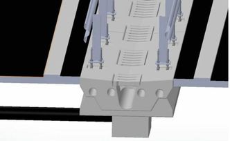 En sentralt plassert kanal som er dekket med rister fører vannet ned og fra veibanen.. Rekkverkene festes til elementet med innstøpte bolter og fotplater. Illustrasjon:  Skjævesland Cementstøperi