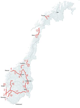 Oversikt over de 20 strekningene Nye Veier spiller inn til NTP 2022-2033. Illustrasjon:  Nye Veier