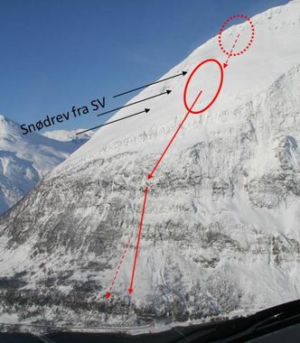 Skredløpet som truer veien ved Pollfjellet kalles Geitlirenna. Det er to løsneområder, ett i toppen på cirka 1050 moh. (rød stiplet ring), og et lengre ned i renna på cirka 800 moh. (rød heltrukket ring). Det er først og fremst det lavere løsneområdet som årsaker skred. Illustrasjon: Troms og Finnmark fylkeskommune