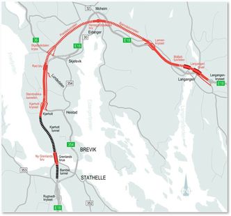 Kart over E18-strekningen i Grenland. Illustrasjon: Nye Veier
