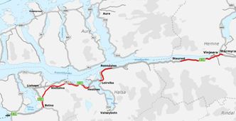 De tre delparsellene i E39 Betna-Stormyra. Nå legges den vestre parsellen, Betna-Hestnes, ut i markedet. Halsa, Snillfjord og Hemne er forøvrig nå blitt Heim kommune i Trøndelag, og alle tre strekningene i prosjektet skal derfor bygges i Trøndelag. Illustrasjon:  Statens vegvesen