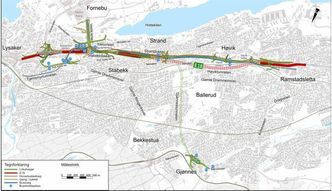 Kartoversikt over E18 Vestkorridoren. Illustrasjon: Statens vegvesen