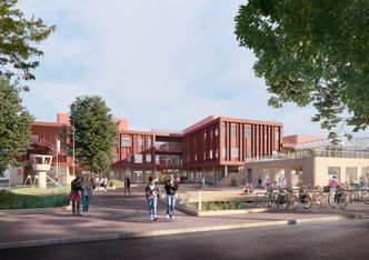 Illustrasjon fra Arkitema Architects av eksteriør på Sophie Radich ungdomsskole.